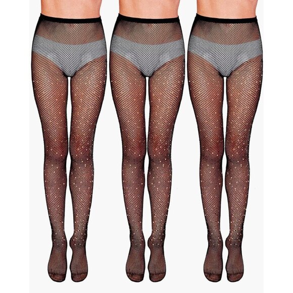 PACK OF 3 PAIRS!!! Black AB Crystal Rhinestone Mesh Fishnet Tights Pantyhose